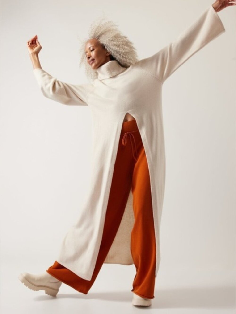 NWT Athleta x Alicia Keys Free To Roam Tunic Maxi Split Sweater | Cream